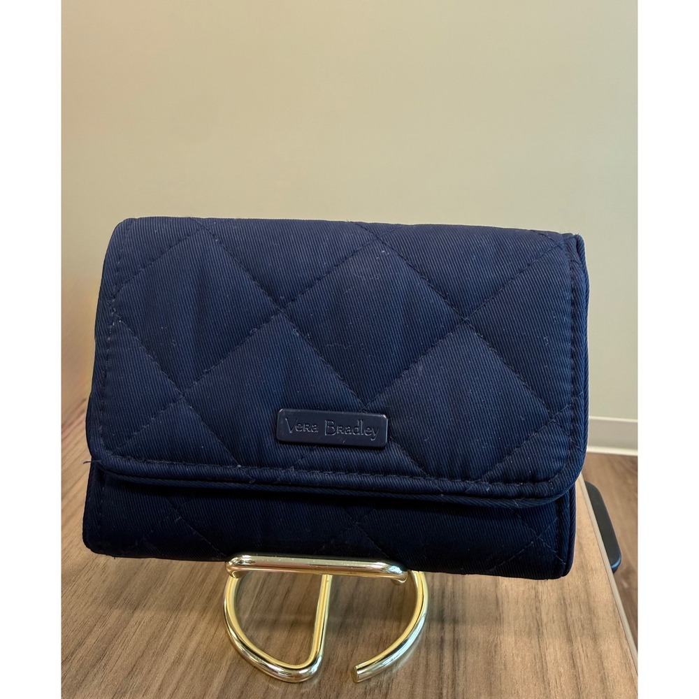 Vera Bradley Navy Blue Quilted Microfiber Trifold Wallet Floral Interior RFID